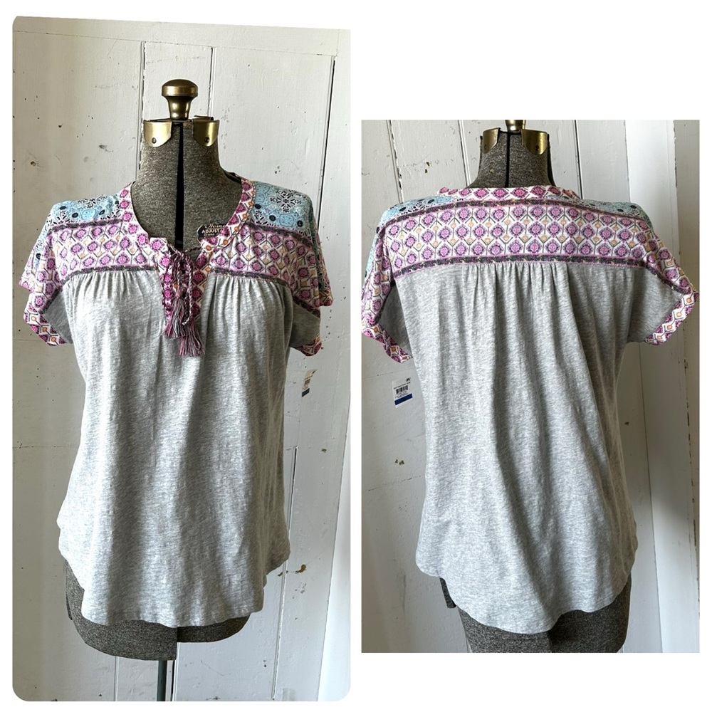 Style & Co BoHo Multi-Media Tassel Tie Tee  Shirt Top NWT